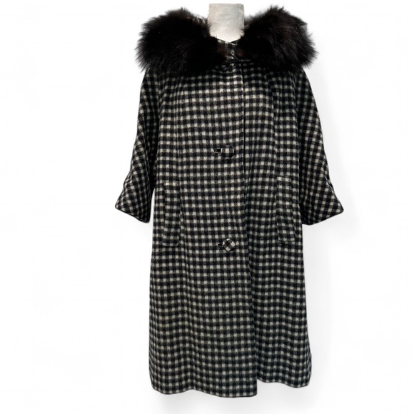 Vintage Paris Lilli Ann mohair white & black plaid gingham coat real fur 8 M - Picture 1 of 9